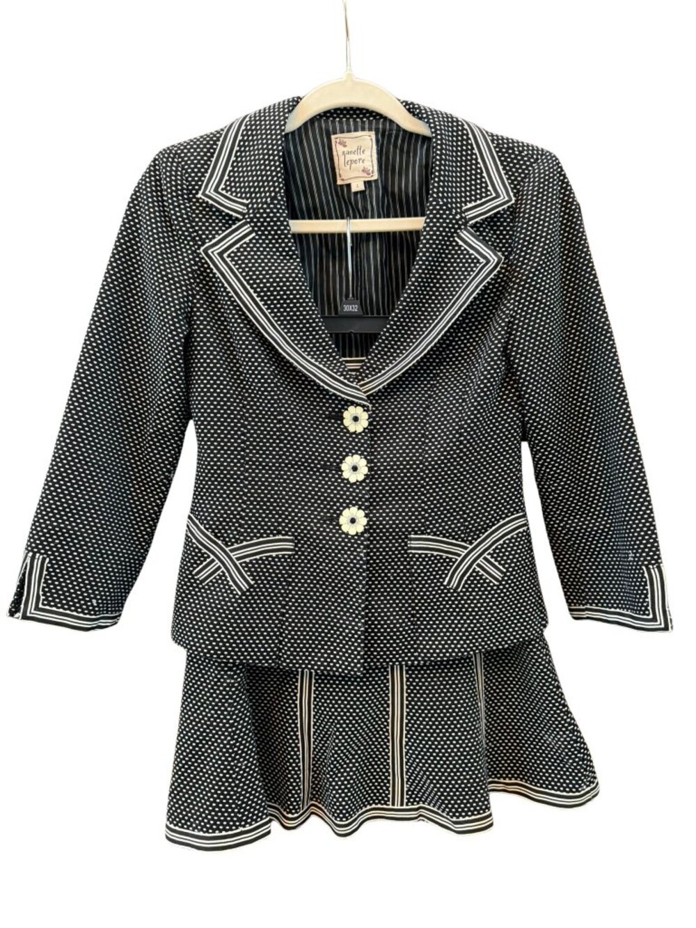 Vintage 90s Nanette Lepore Polka Dot Skirt Suit Daisy Buttons Size 2